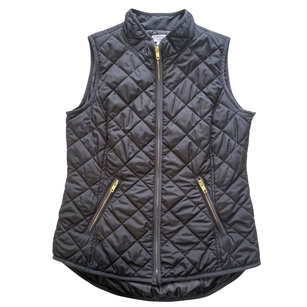 Puffer Vest Diamond Quilted Zip Up Fall Winter Black Gold Small S crown & ivy